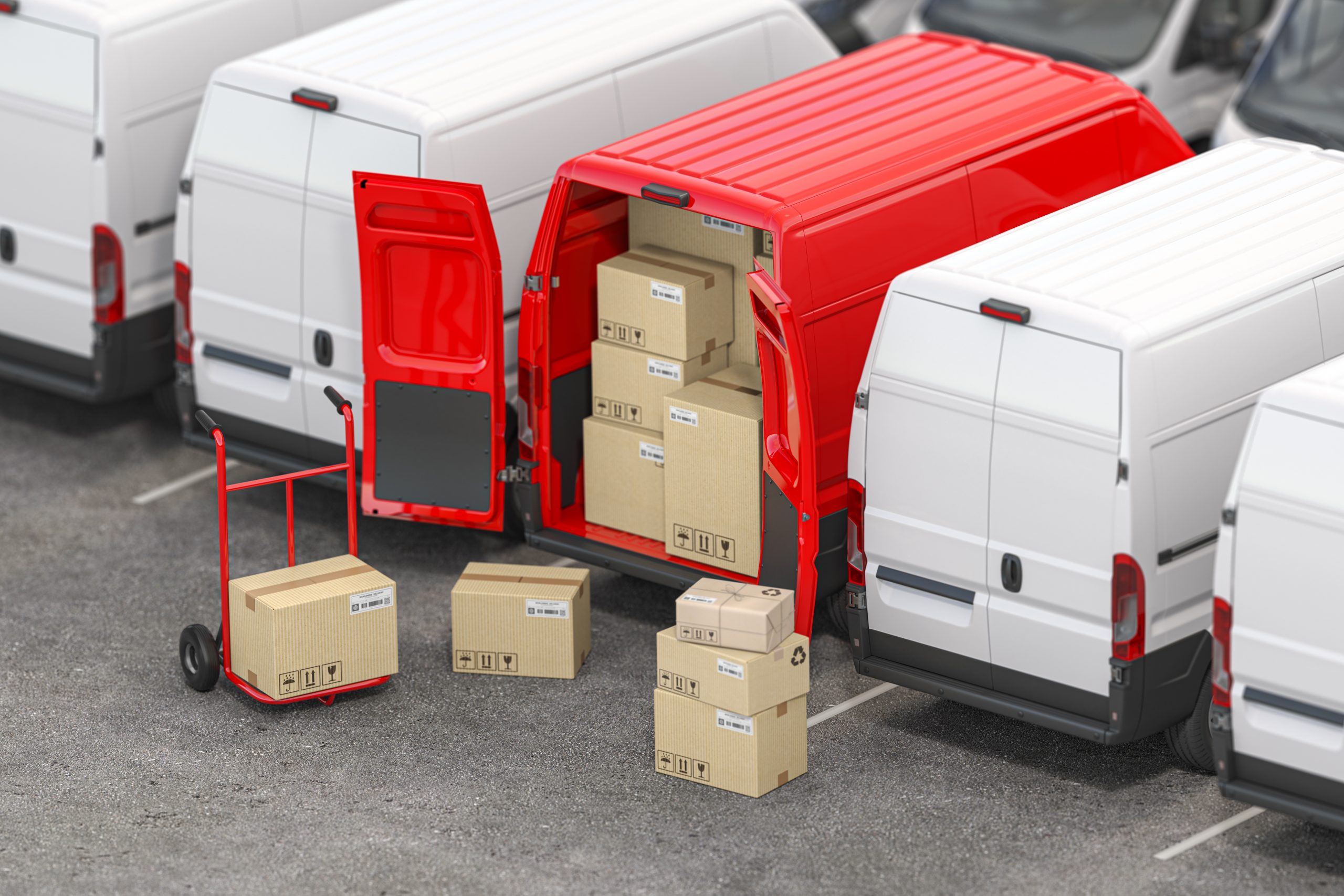 Red delivery van with open doors and hand truck with cardboard b